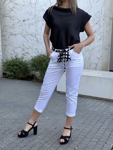 Pantalone donna bianco con cinta in tessuto